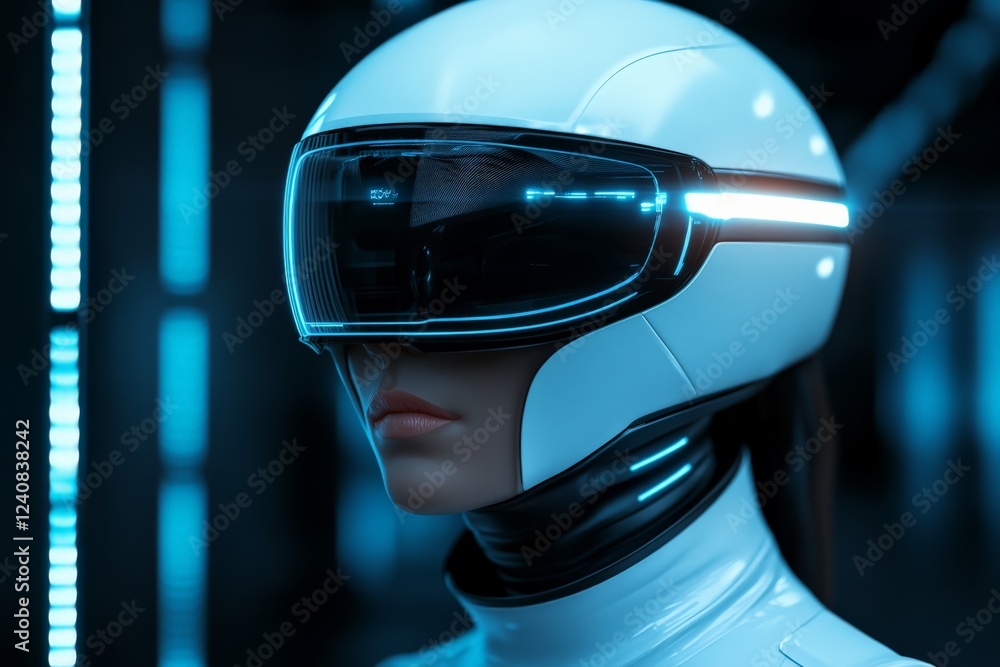 Poster futuristic figure wearing a sleek helmet in a tech-inspired environment with illuminated elements