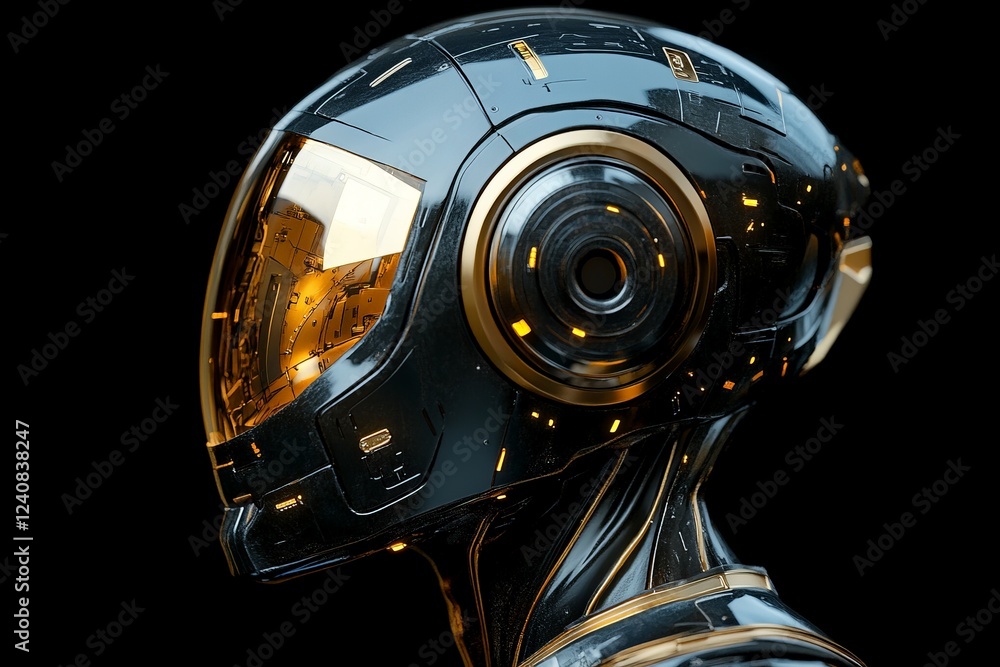 Poster futuristic robot head design showcases intricate features and advanced technology in a striking blac