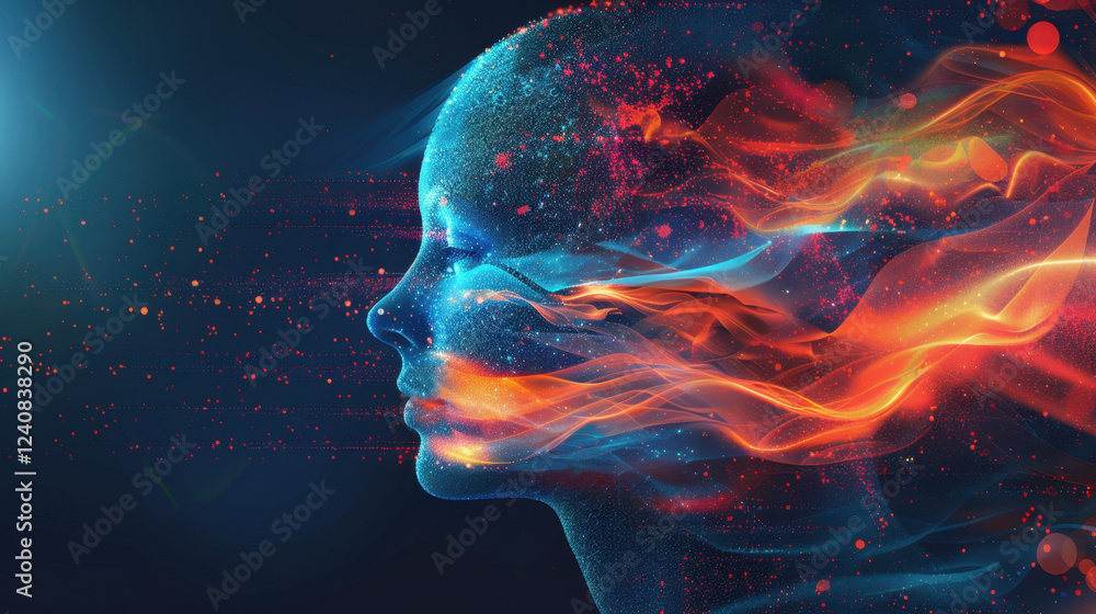 Poster this features stylized representation of human face with vibrant colors and abstract elements, conve