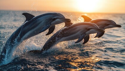 Obraz premium Three dolphins leap joyfully at sunset ocean