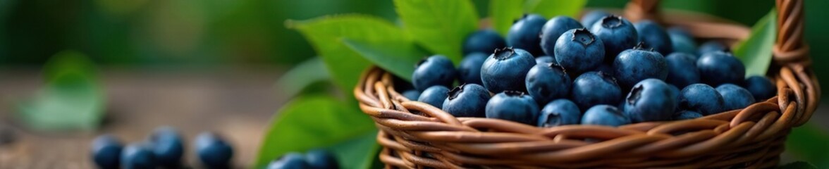 Fresh picked wild Maine blueberries in a wicker basket lined with leaves, maine, wild, woven
