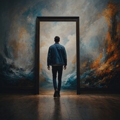 A person stepping out of a painting and walking into reality.