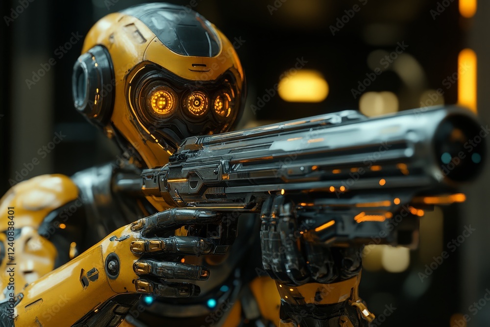Poster Robot in futuristic setting aims a high-tech weapon with glowing details, showcasing advanced technology and design
