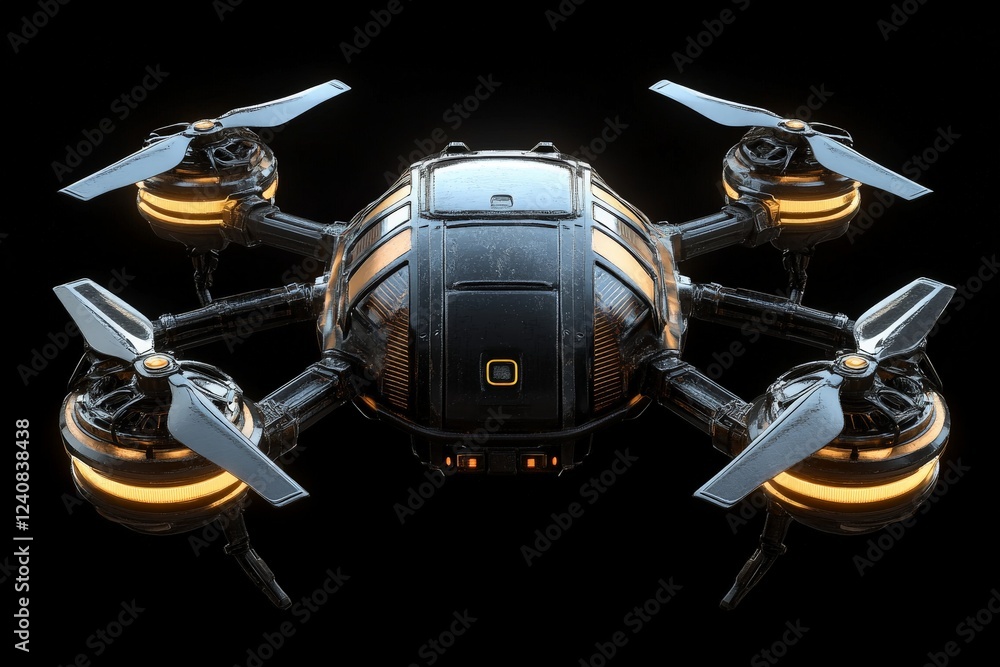 Poster high-tech drone with four propellers and glowing elements for advanced aerial capabilities