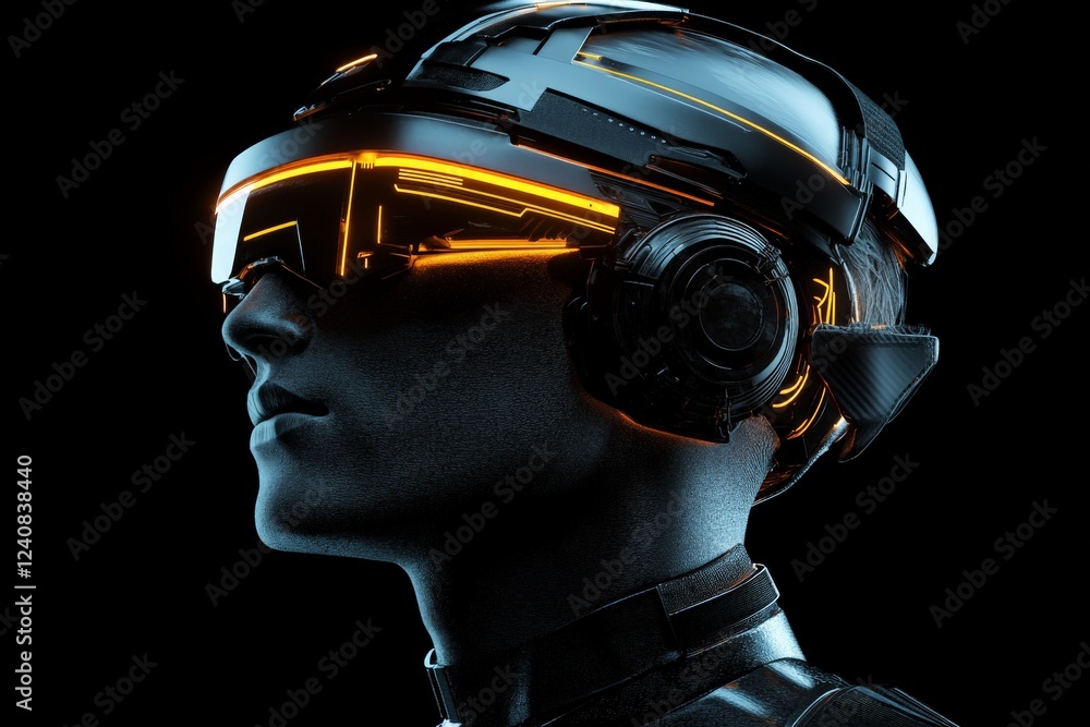 Poster futuristic figure wearing advanced virtual reality headset with glowing elements in a dark environme