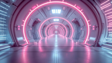 Obraz premium Pink Neon Corridor Futuristic Spaceship Interior, Retro Sci-Fi Glow Design.
