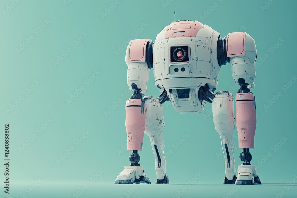 Poster futuristic robot design showcasing advanced mechanics and unique color scheme in a minimalistic sett