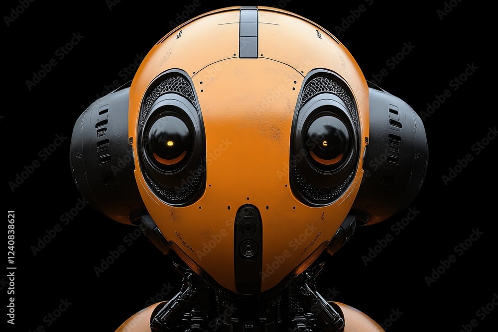 Poster unique close-up of a futuristic robot with an orange exterior and large expressive eyes against a da