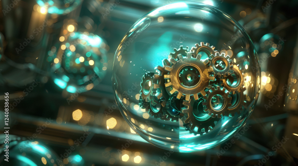 Poster close up of golden gears inside transparent bubble, showcasing intricate details and reflections, cr