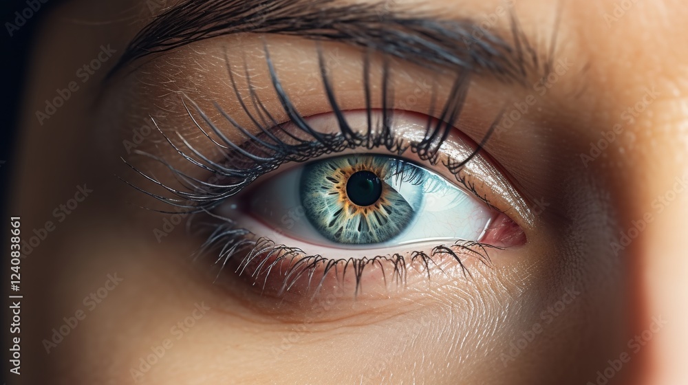 Poster close-up image of an eye with detailed textures and colors highlighting the iris, eyelash structures