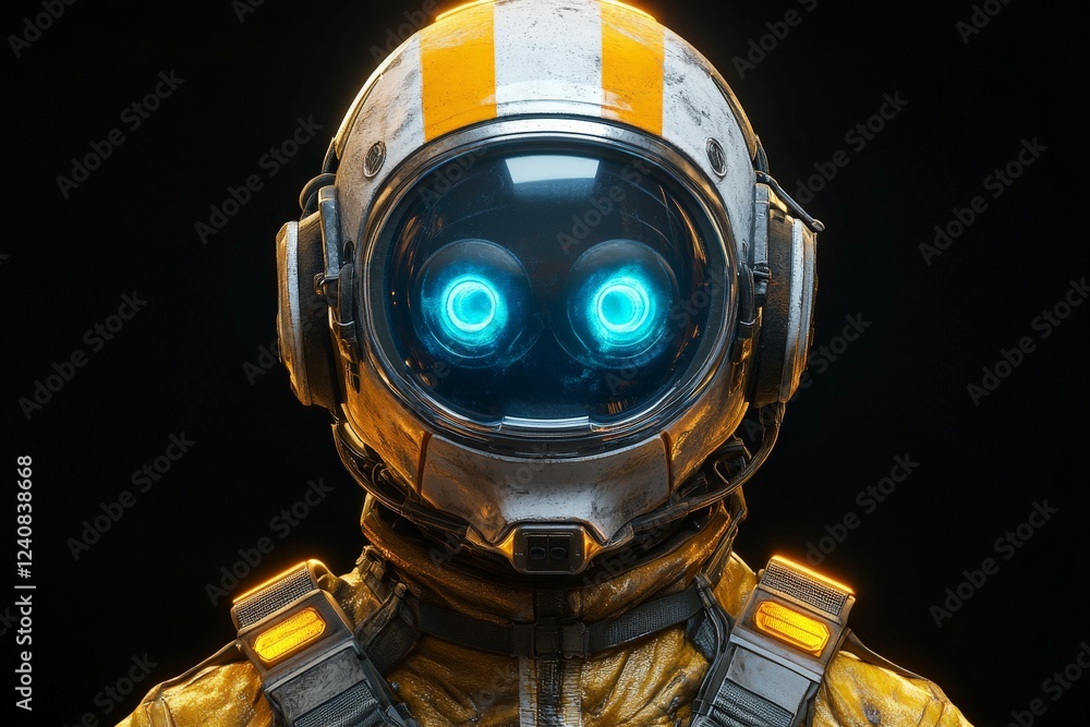 Poster futuristic astronaut character with glowing eyes in a detailed space suit showcasing high-tech desig