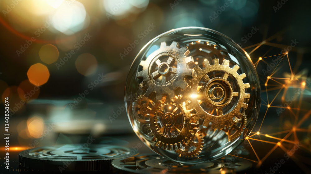 Poster close up of golden gears inside glass sphere, symbolizing innovation and technology. background feat