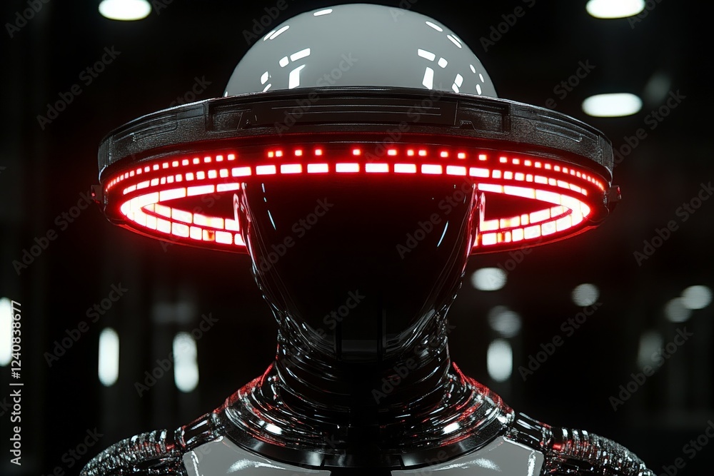 Fototapete Futuristic robot with illuminated headpiece in a dimly lit laboratory setting
