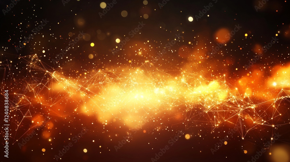 Poster golden interconnected nodes in geometric network with bright colors, abstract background design