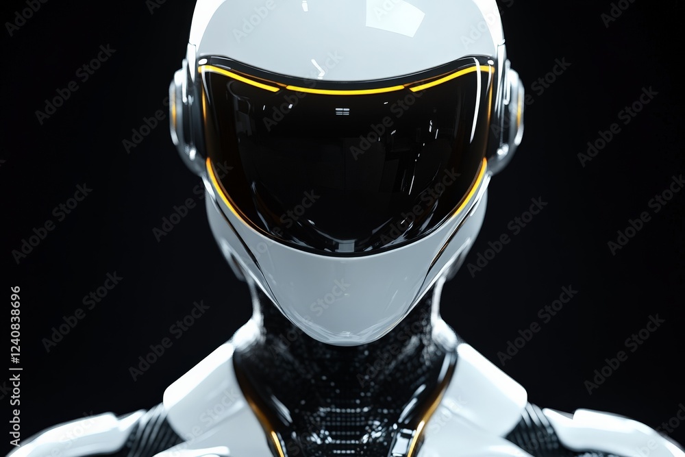 Poster futuristic robot head design showcasing advanced technology and sleek aesthetics in a dark environme