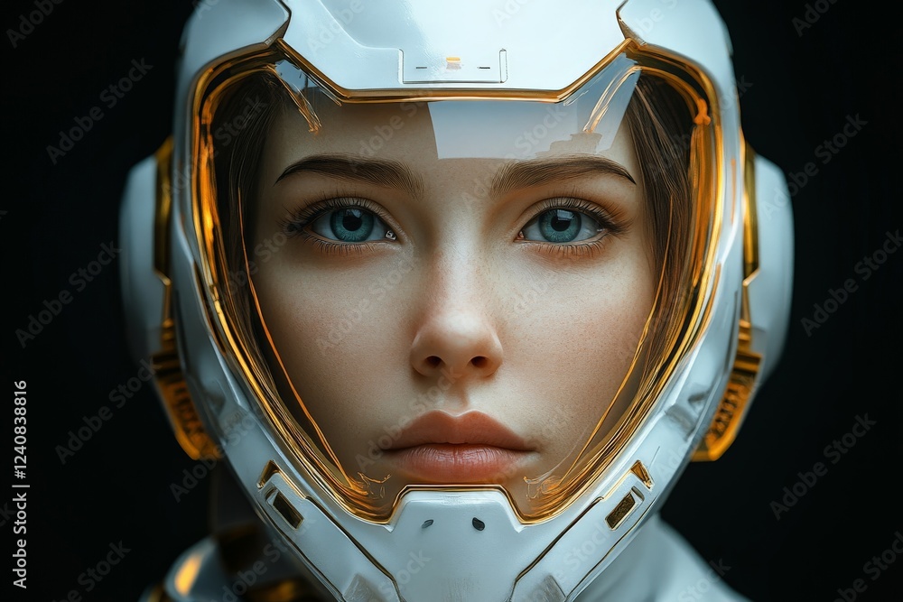Aufkleber futuristic woman in advanced helmet showcasing technology and innovation in a sci-fi inspired settin