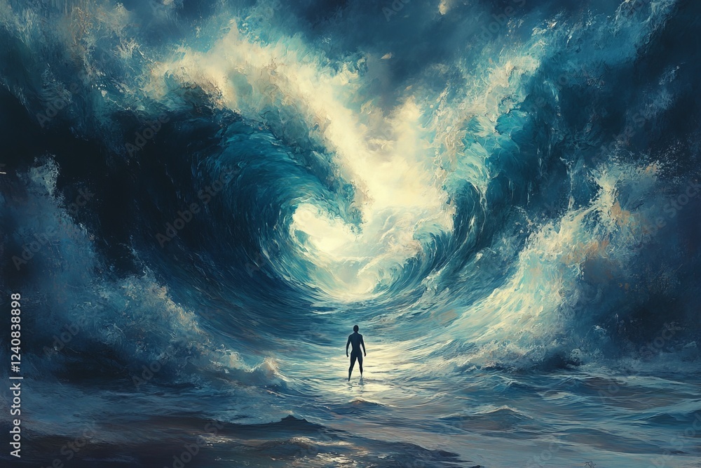 Poster person standing in front of a massive swirling wave in an ocean landscape during twilight