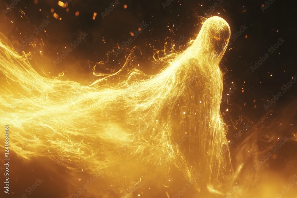 Poster Ethereal figure glowing in golden flames against a dark backdrop at an artistic display