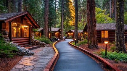 Serene forest cabin retreat nestled among towering trees at twilight with soft ambient lighting