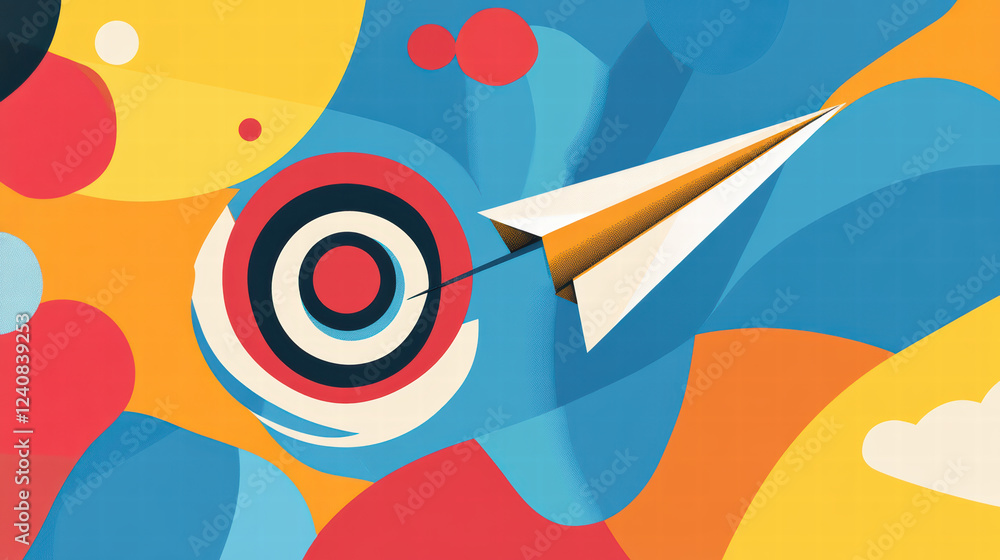 Poster paper plane flying towards colorful target, symbolizing focus and determination. vibrant background 