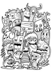 Hand-drawn illustrations, monsters doodle, Hand Drawn cartoon monster illustration,Cartoon crowd doodle hand-drawn Doodle style.black and white stripes coloring  book.