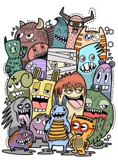 Hand-drawn illustrations, monsters doodle, Hand Drawn cartoon monster illustration,Cartoon crowd doodle hand-drawn Doodle style.