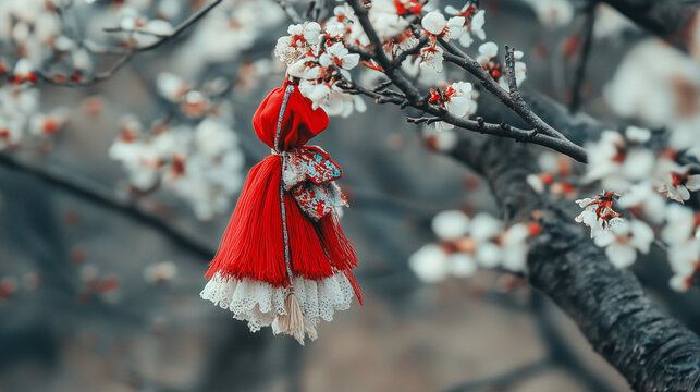 Bulgarian baba marta tradition close-up of red martenitsa on a blossoming tree branch, Baba Marta Day