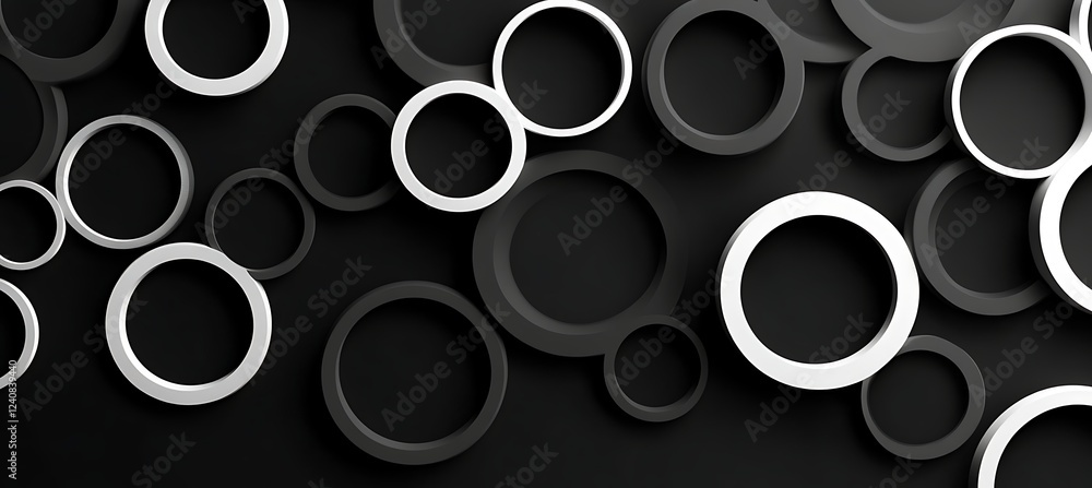 Poster a black and white monochromatic background featuring various-sized circles, creating a striking and 
