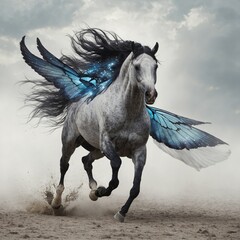 Obraz premium A majestic horse with butterfly wings, galloping through an empty white void.