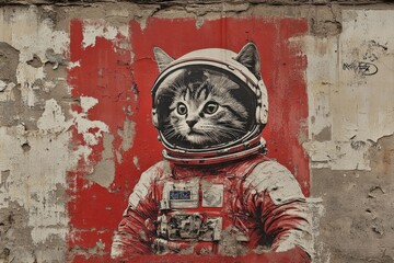 Cat in a space suit mural on a weathered brick wall showcases urban street art creativity