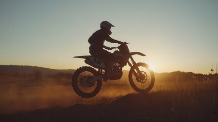 Fototapeta premium Silhouette of a motocross rider jumping against a sunset backdrop in an open field