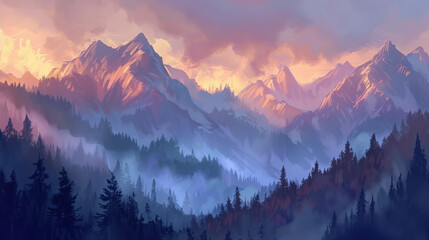 Majestic mountain landscape at sunset with vibrant colors and misty valleys. scene captures beauty of nature, showcasing towering peaks and dense forests