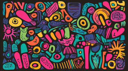 Vibrant collection of doodle shapes in various colors, showcasing abstract designs and playful patterns. This artwork evokes sense of creativity and joy