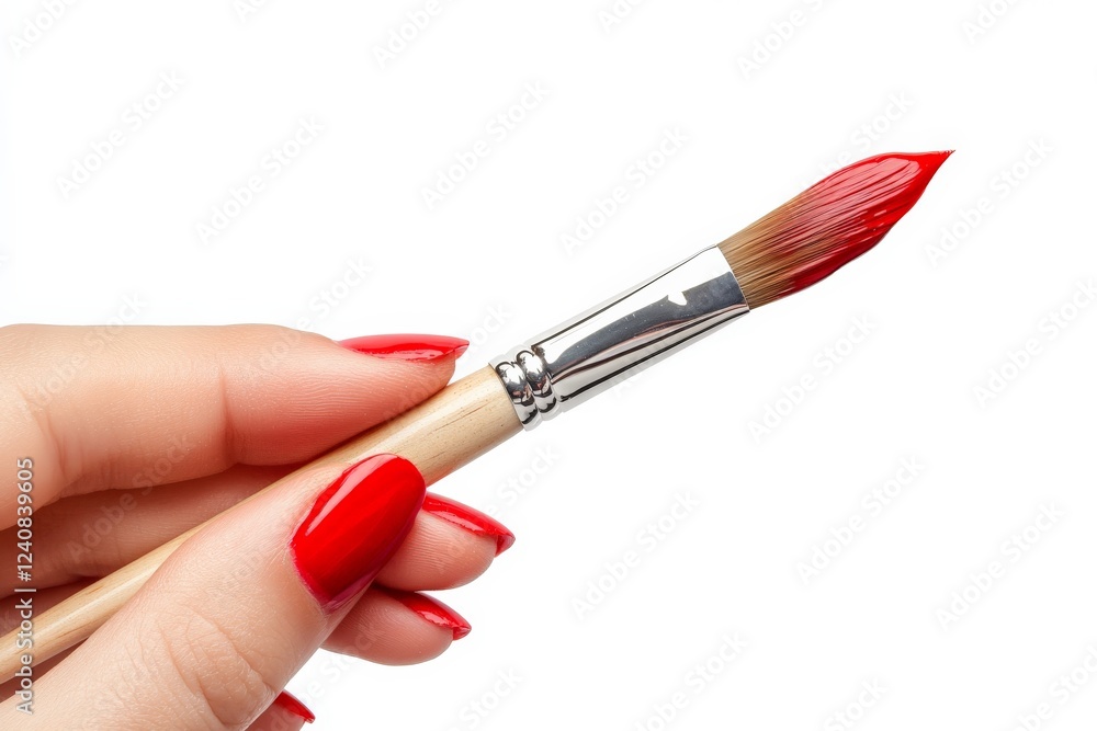Poster hand holding a paintbrush with bright red paint ready for artistic creation in a studio setting