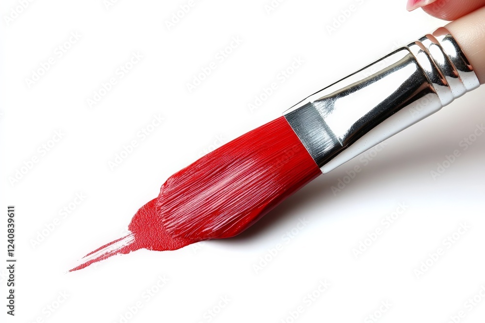 Poster Bright red paint applied with a brush on a clean white surface in an artistic setting