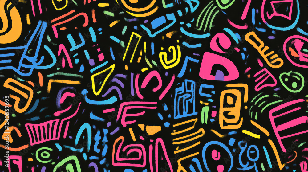 Poster vibrant doodle shapes colorful abstract pattern dark background, showcasing playful and artistic des
