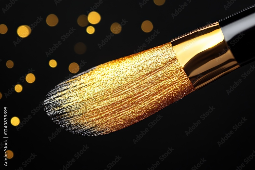 Poster golden brush with sparkling particles captures attention in an artistic display of creativity and el