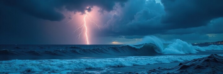 Darkening sky with stormy clouds and lightning illuminates the oncoming wave, rough seas, oceanic turmoil