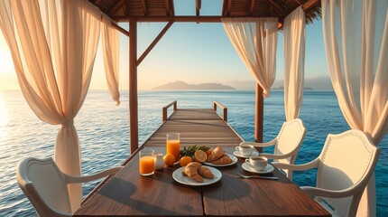 Obraz premium A lavish breakfast is set on a wooden table on a private pier, with the calm ocean and a distant island in the background.