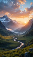 Sunrise over the mountains , Misty Valley and Flowing River