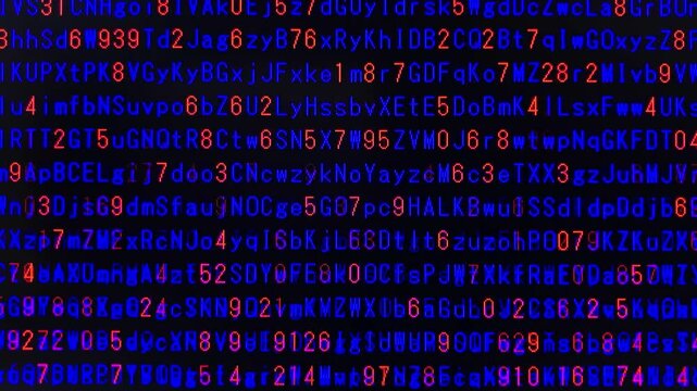 コンピュータ空間のランダムな文字列・さまざまな文字を含むデータベース・エンコードされたプログラム内のデータセット・数学的計算・英数字・横長・ビデオ
