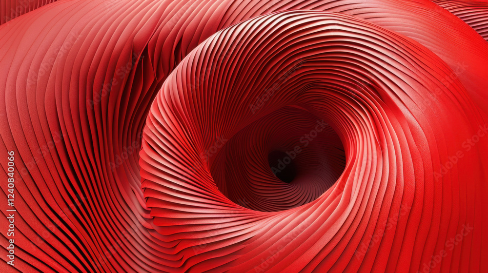 Poster vibrant red abstract spiral design with layered textures creating depth and movement. intricate patt