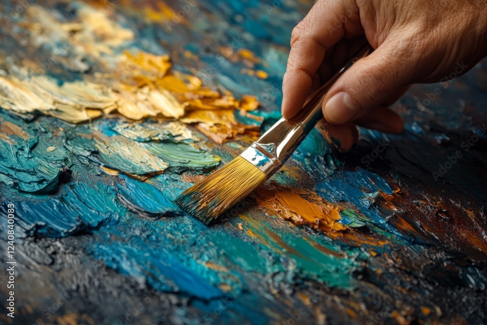 Poster hand applying colorful paint to a textured canvas with a brush during an artistic session