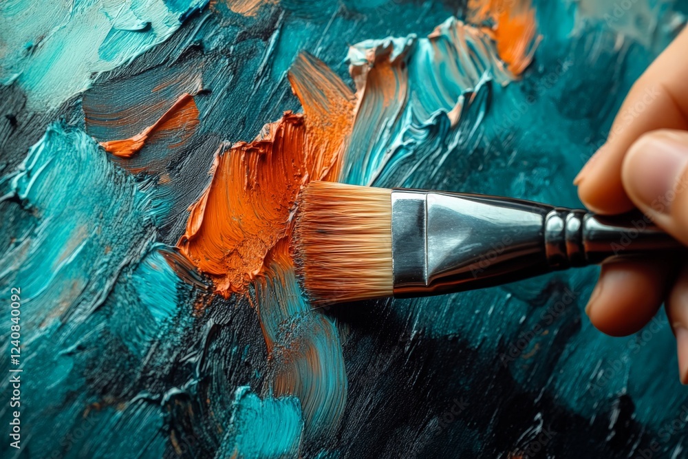 Aufkleber artist creating an abstract painting with vibrant orange and blue colors in a studio setting during 