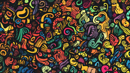 Colorful doodle shapes create lively and vibrant pattern, perfect for backgrounds or creative projects. intricate designs feature mix of swirls and curves in various hues