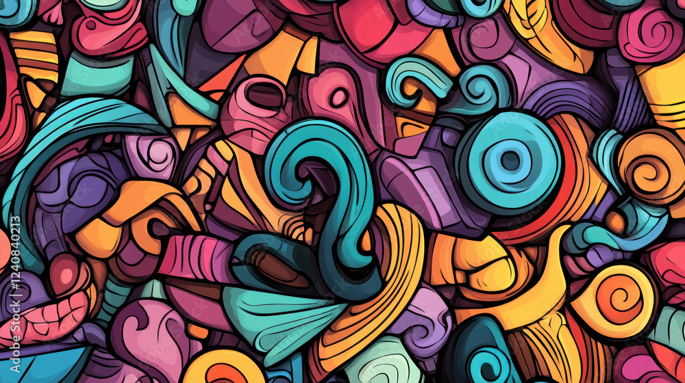 Poster lively assortment of colorful doodle shapes creating vibrant and dynamic pattern. design features sw