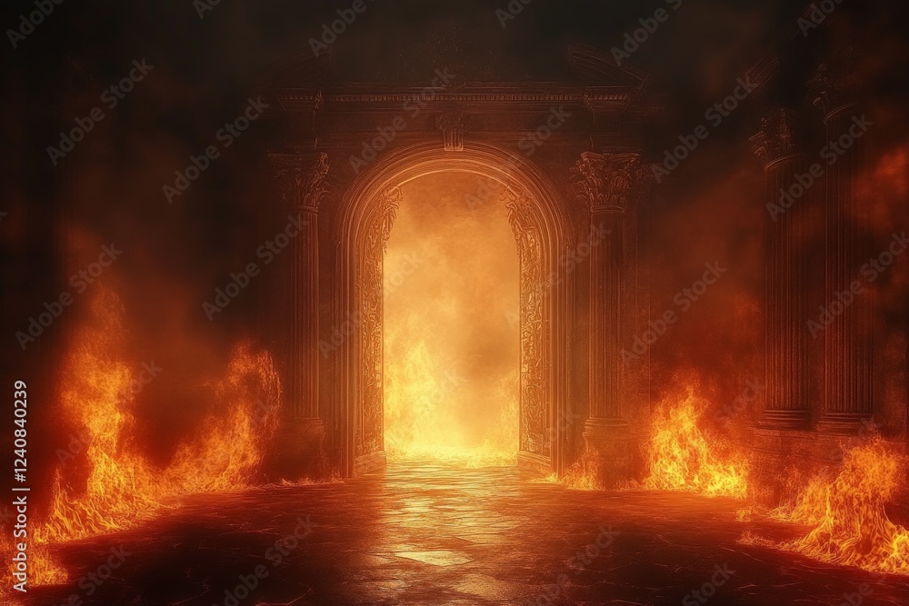 Poster Fiery gateway reveals an intense blaze within an ancient, ornate stone structure at dusk