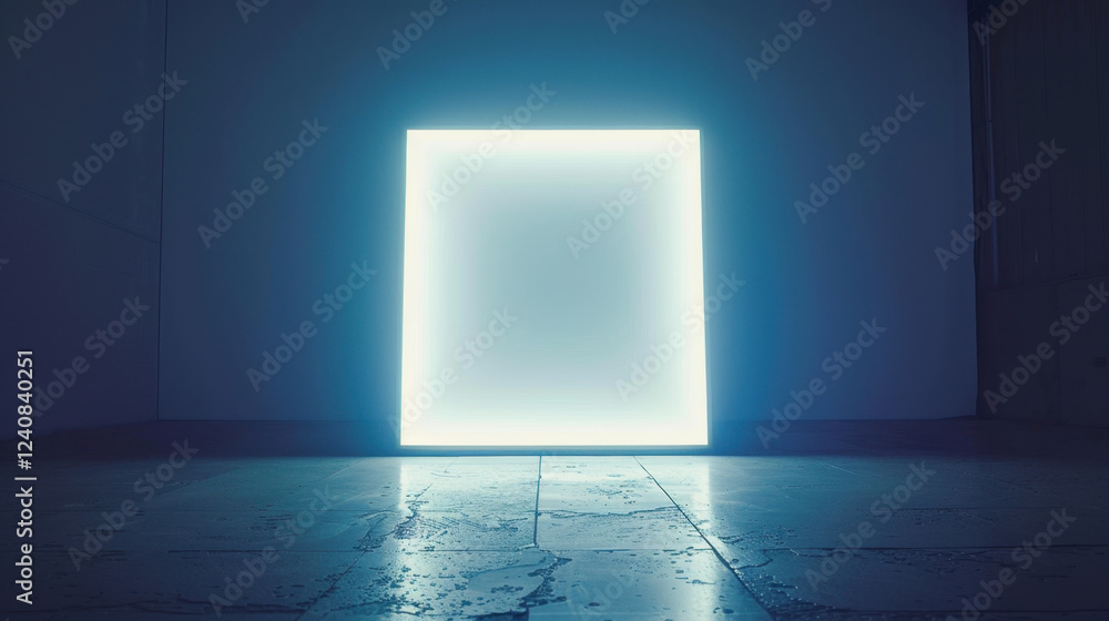 Poster glowing square light installation in dark room, creating modern and minimalist atmosphere. bright li