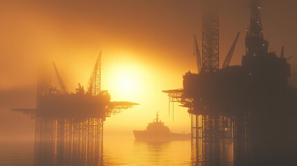 Obraz premium Silhouetted oil rigs at sunset with a ship navigating through foggy waters in the background
