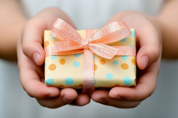 Gift wrapped in colorful polka dots held by hands against a neutral background during a celebratory occasion